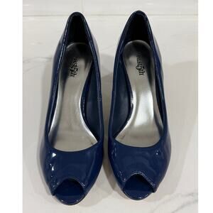 East 5th Navy Blue Patent Peep Toe Pumps Stiletto Heels Formal Office Dress 8.5M